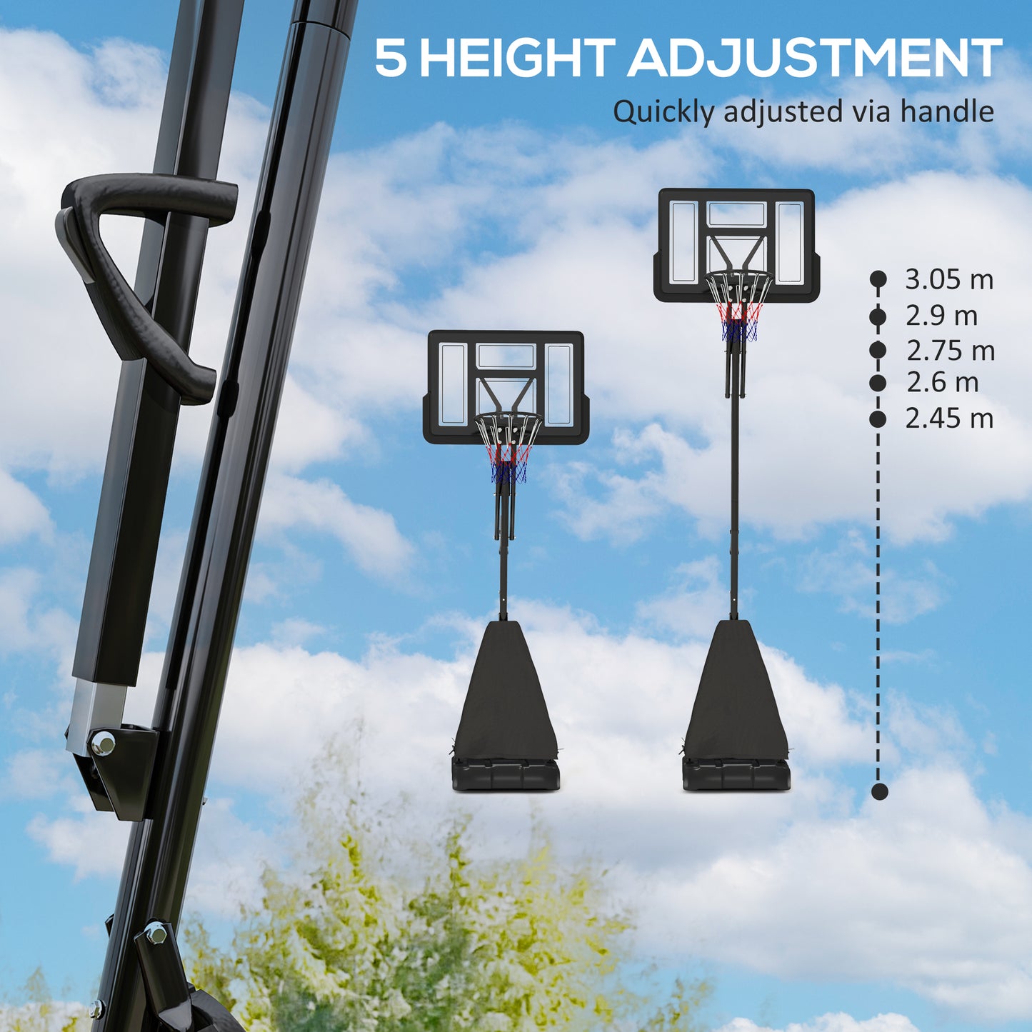 245-305cm Adjustable Basketball Hoop and Stand, with Wheels