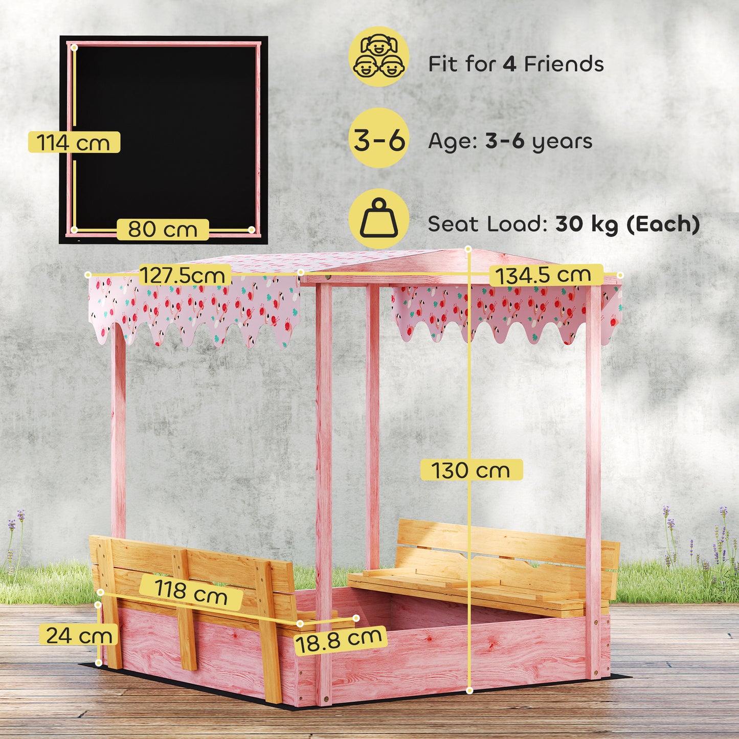 Wooden Sandbox with Lid, Flamingos Print Canopy