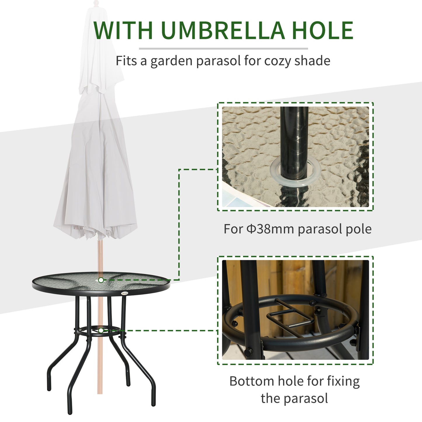 Outdoor φ80cm Round Dining Table Tempered Glass Top Steel Frame