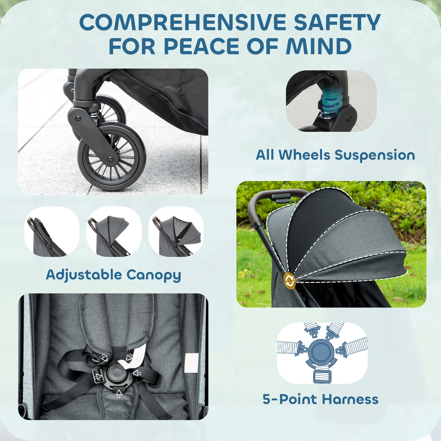 Foldable Baby Stroller with Adjustable Seat, 5-Point Harness, Canopy