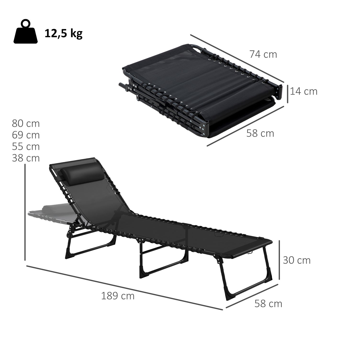 Set of Two Folding Sun Loungers, with Four-Position Backs