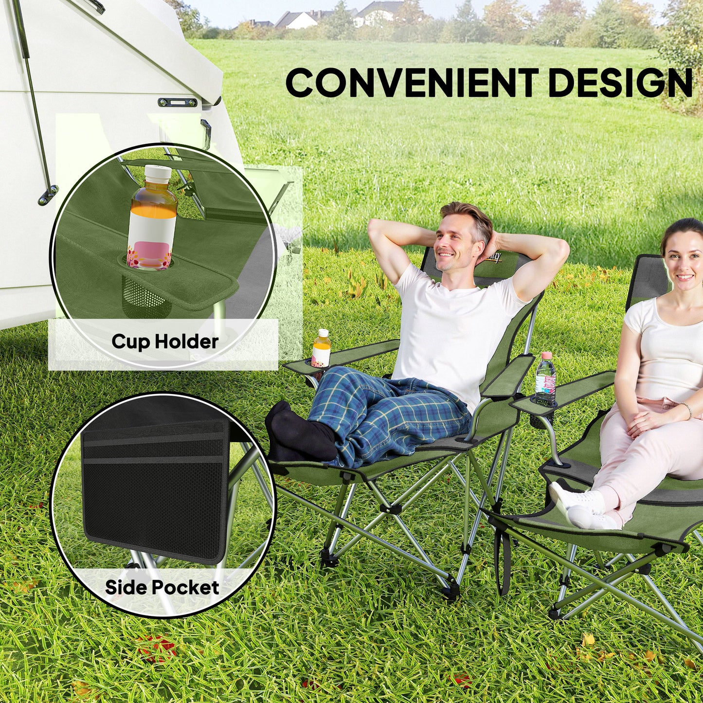 Set of 2 Reclining Folding Camping Chair w/ Detachable Footrest