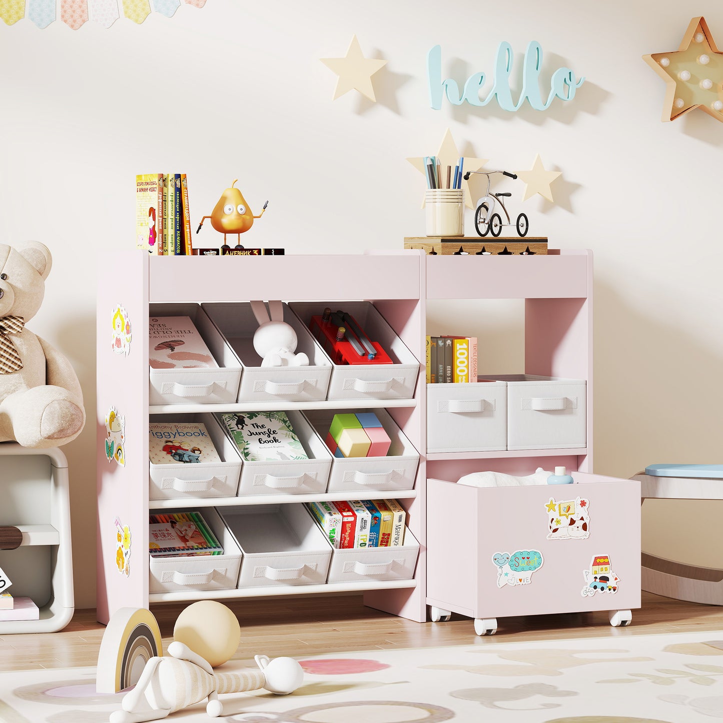 Kids Toy Storage Unit with 11 Bins, Cabinet, Top Shelves, 3 Stickers