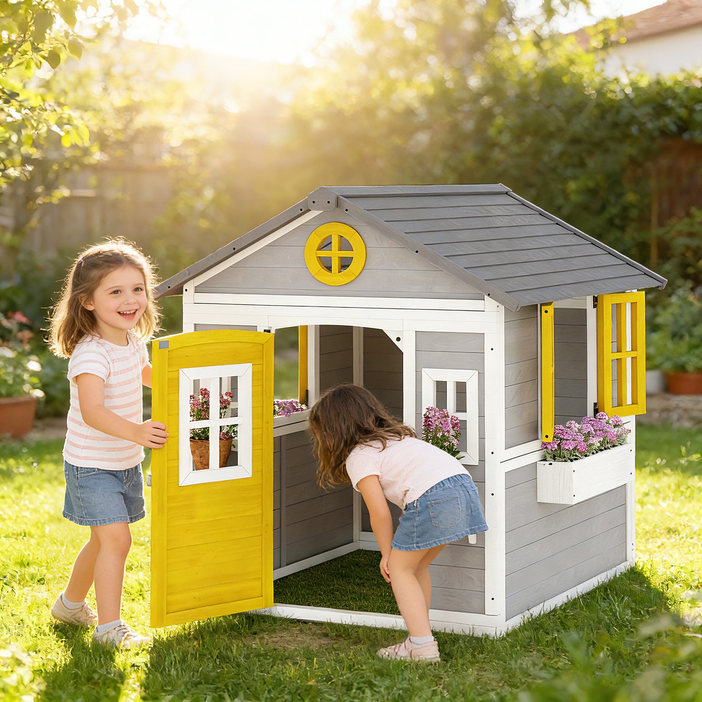 Wooden Playhouse with Doors, Windows, Plant Pots, Boxes, for 3-8 Years