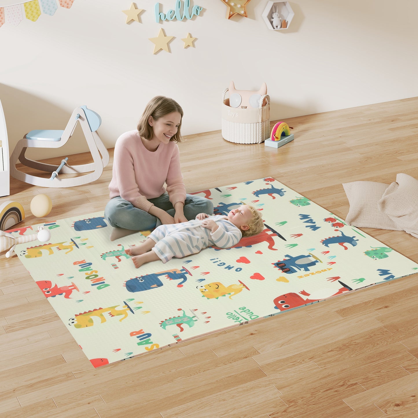 Dinosaur-Themed Baby Plat Mat Double Sided, Foldable