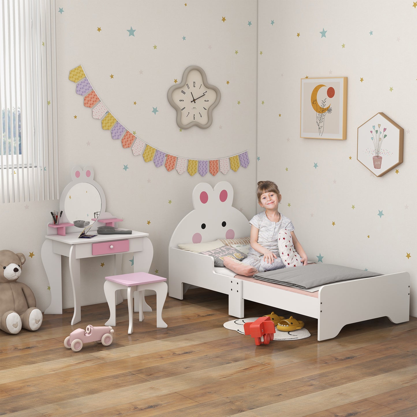 Wooden Kids Bedroom Furniture Set with Kids Dressing Table, Stool