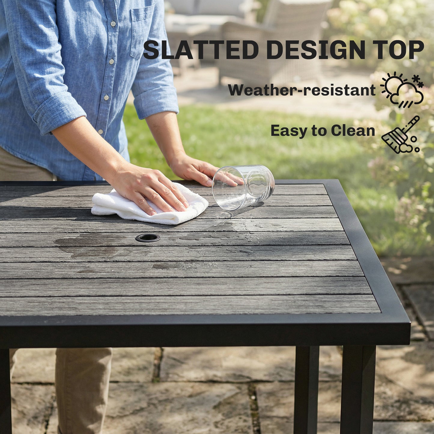 Square Garden Dining Table with Parasol Hole, Slatted Top