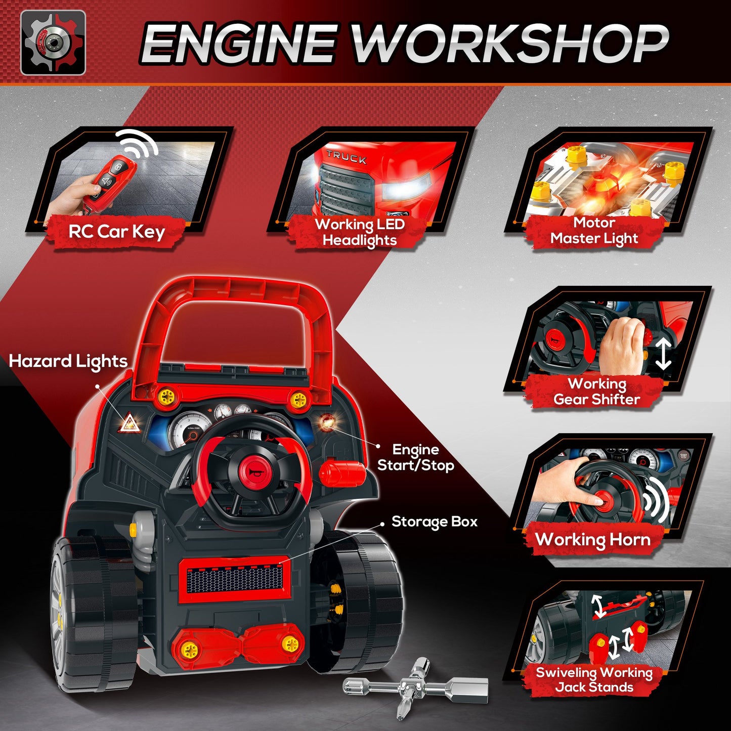 Kids Truck Engine Toy Set, Toddler Educational Car Service Station