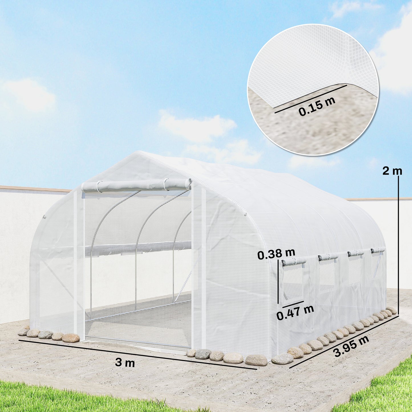 4 x 3(m) Walk-in Polytunnel Greenhouse, Zipped Roll Up Sidewalls