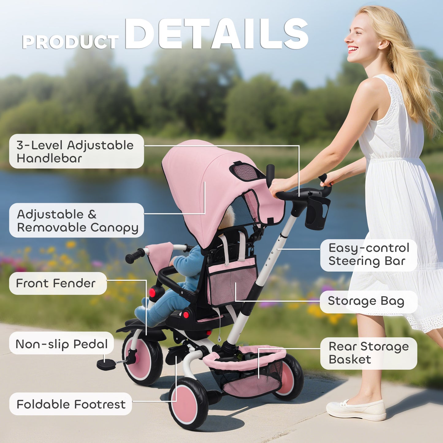 6 in 1 Foldable Kids Trike with Adjustable Parent Handle & Canopy