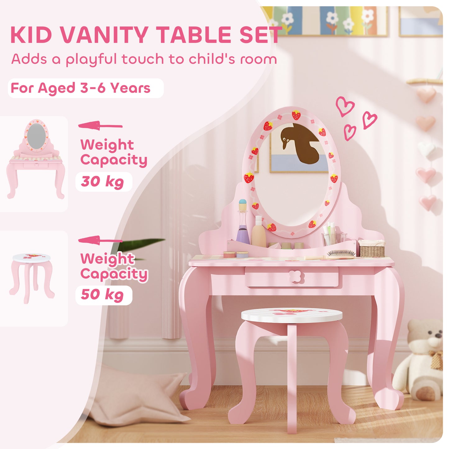 Kids Dressing Table Set, Vanity Table with Stool, Mirror, Drawer (1)
