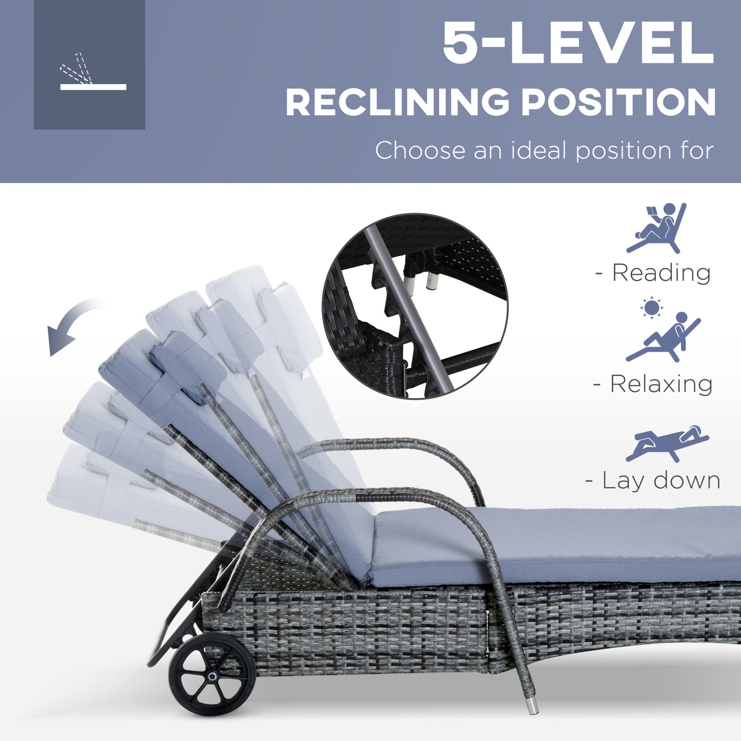 3 Pieces Rattan Sun Loungers, Garden Wicker Wheeling Recliner