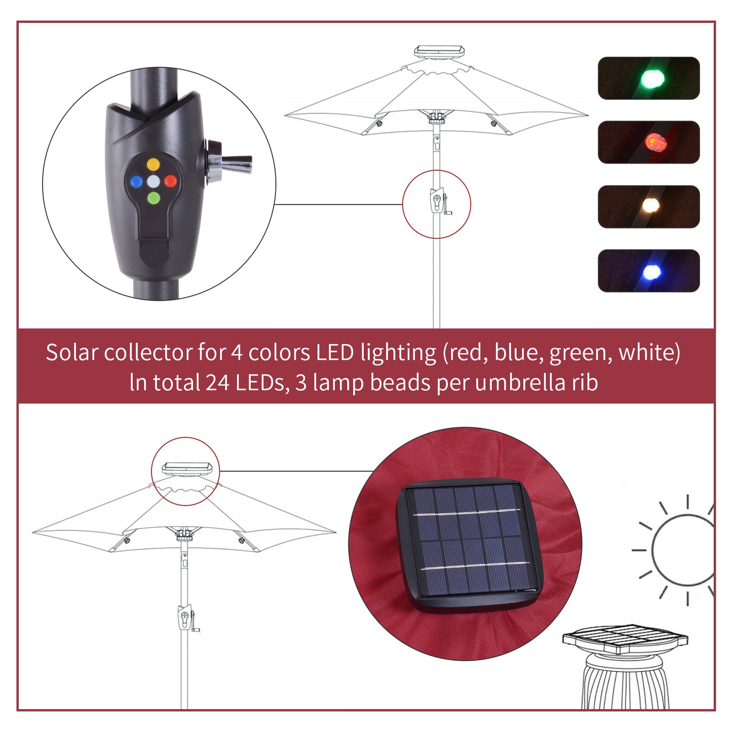 Φ2.7m Garden 24 LED Light Parasol Solar Outdoor Tilt Sun Umbrella