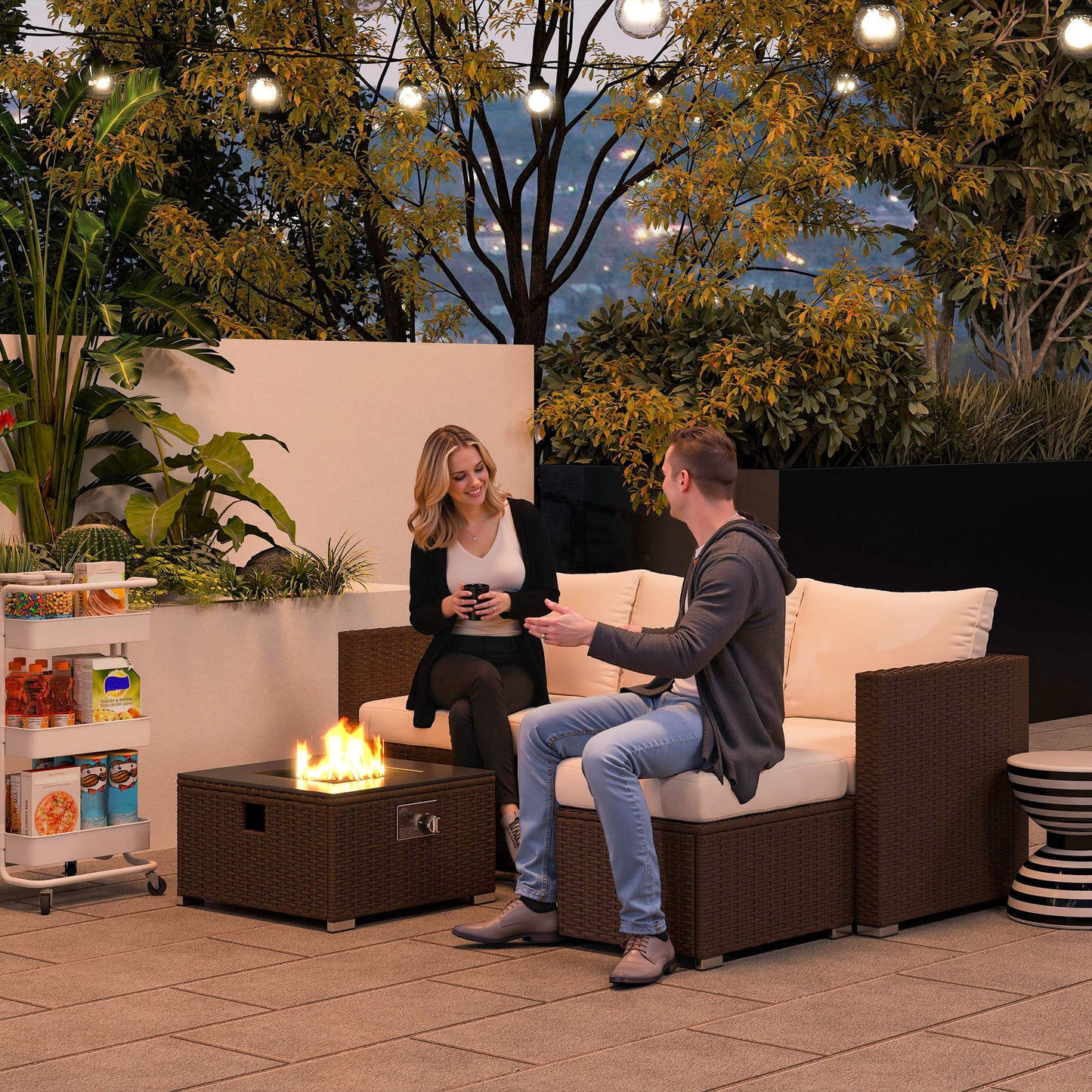 Five Piece Rattan Garden Furniture Set with Gas Fire Pit Table (1)