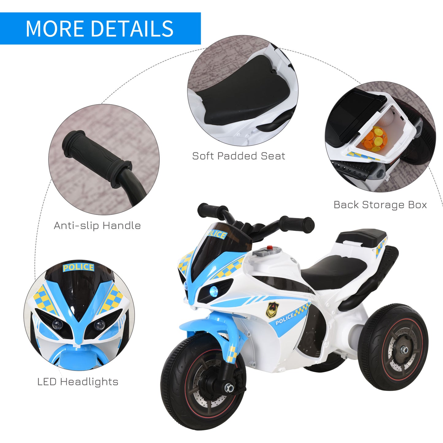 Kids Ride-On Police Bike 3-Wheel Vehicle w/ Music Lights Seat