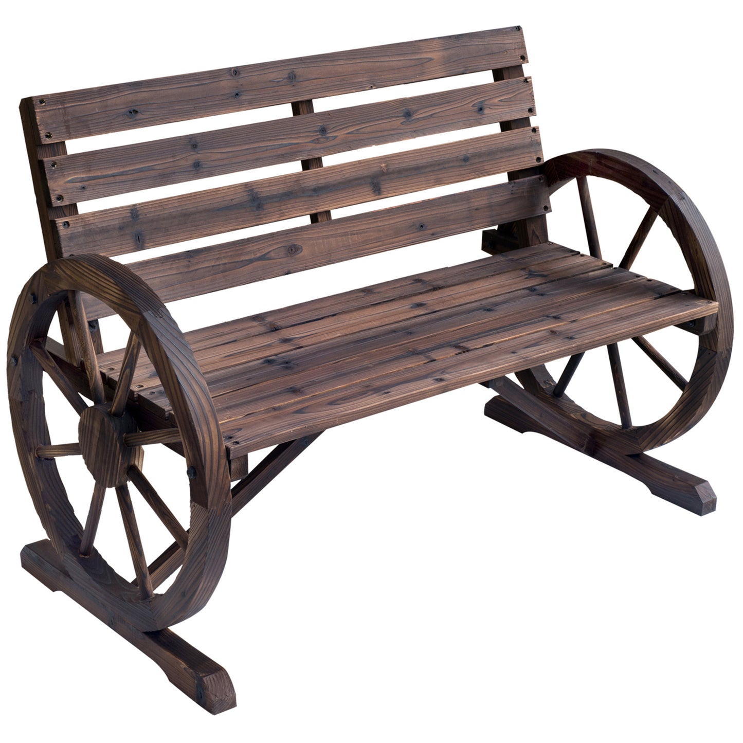 2 Seater Garden Bench with Wooden Cart Wagon Wheel Rustic High Back