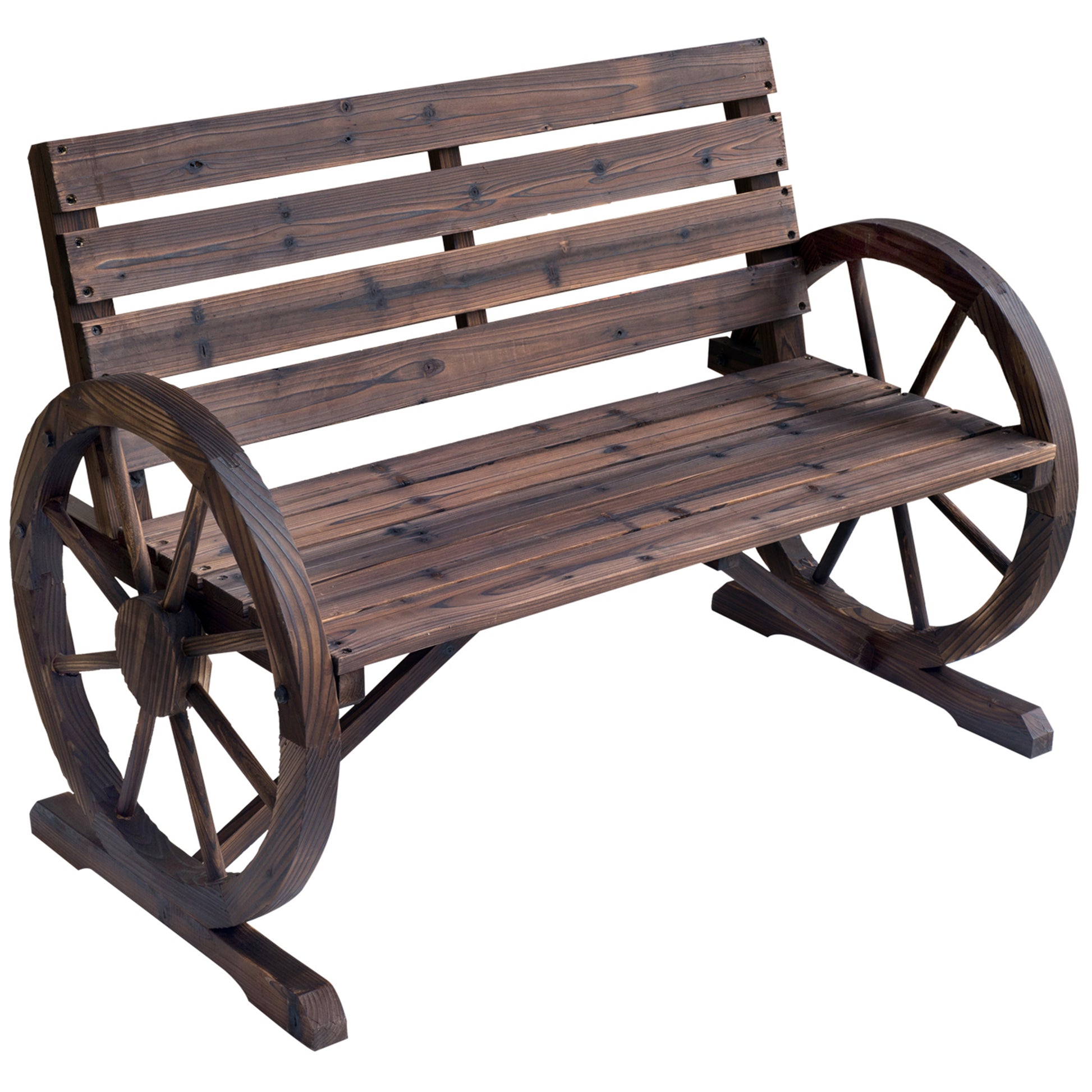 2 Seater Garden Bench with Wooden Cart Wagon Wheel Rustic High Back