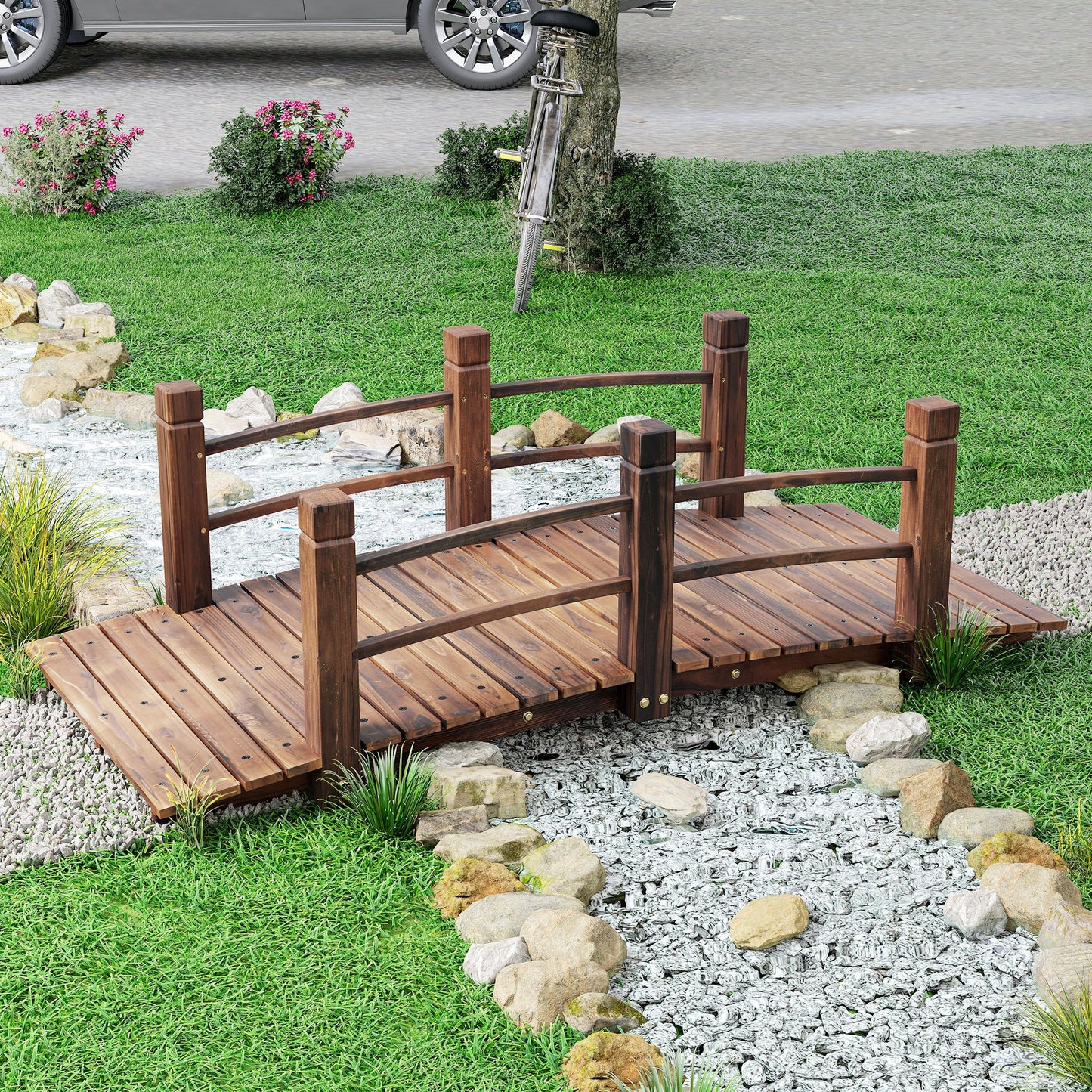 1.5M Wooden Garden Bridge Lawn Décor Stained Finish Arc Outdoor