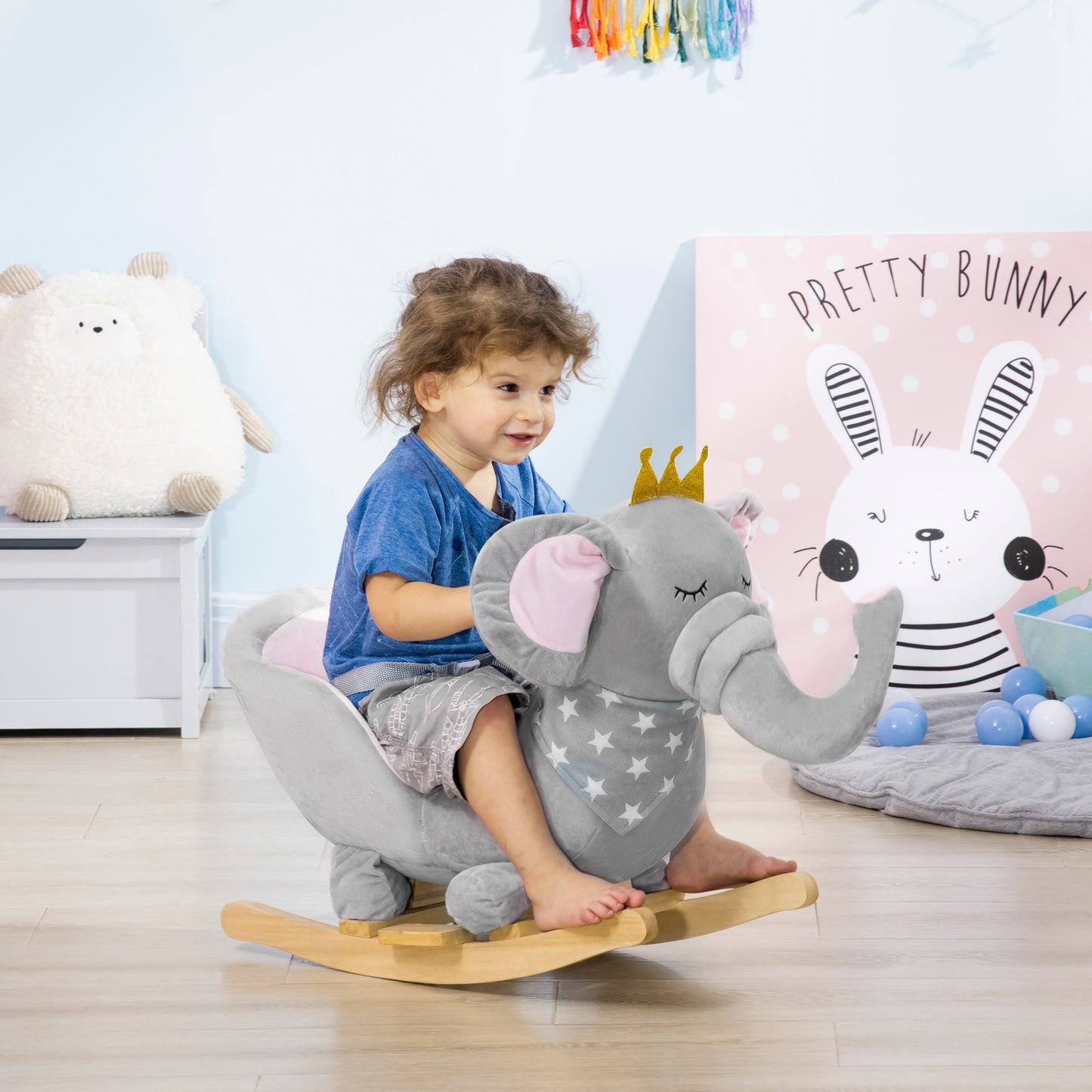 Kids Elephant-Designed Rocking Horse, with Safety Belt, Wooden Base