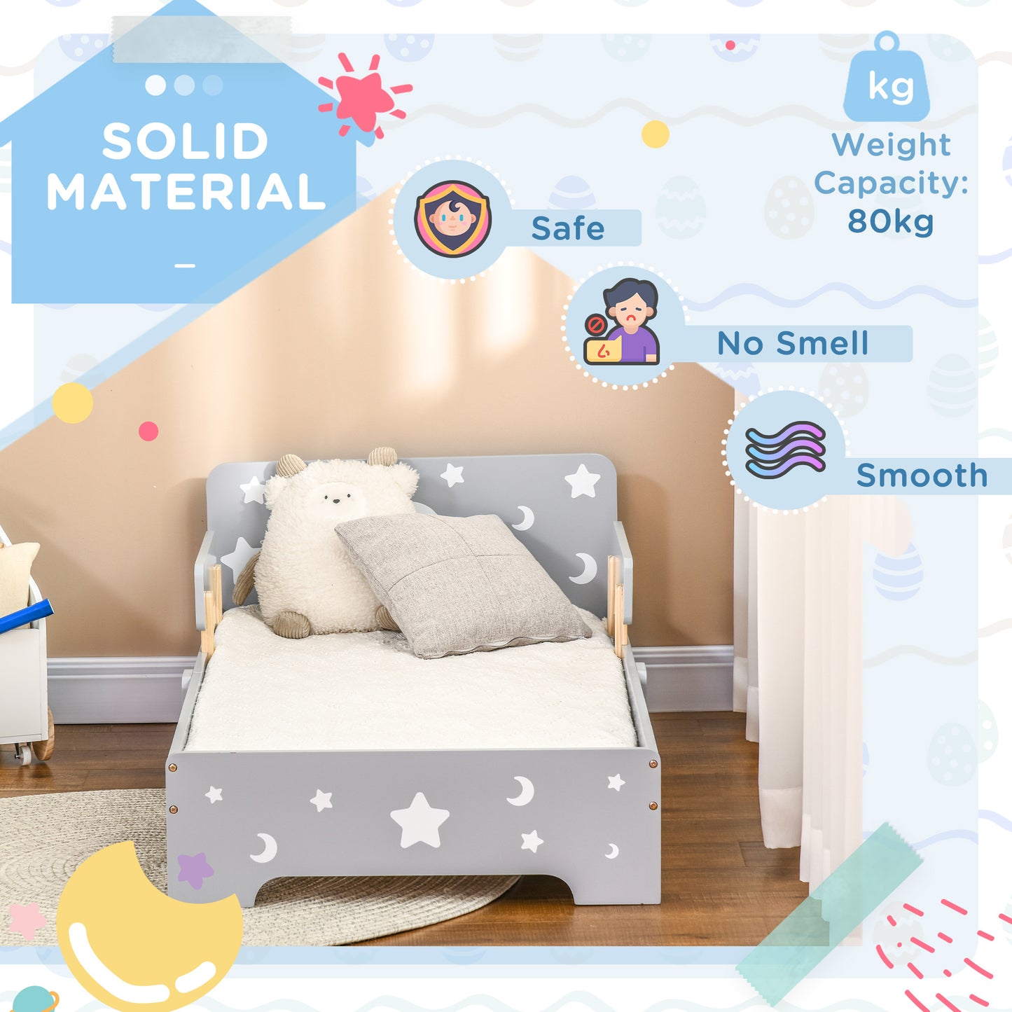 Kids Toddler Bed, with Star and Moon Patterns, Side Rails
