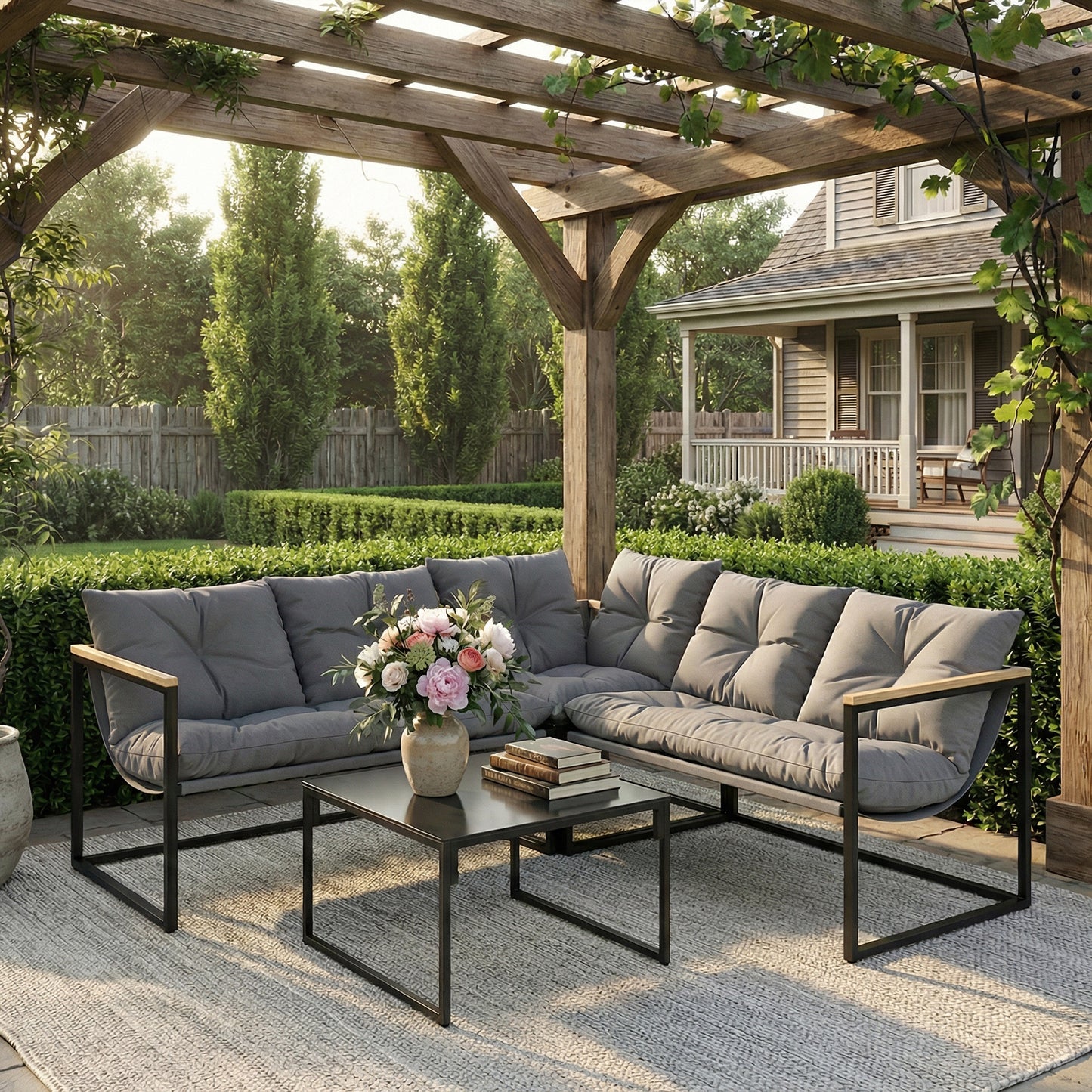 4 Piece Garden Furniture Set with Thick Cushions and Coffee Table