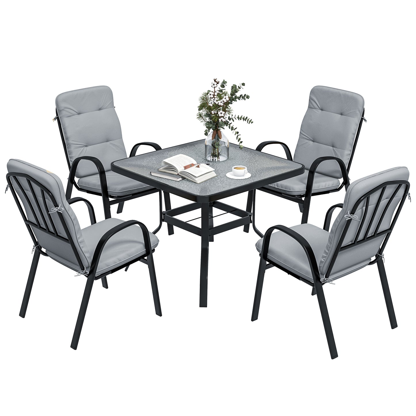 5 Pieces Outdoor Square Garden Dining Set w/ Tempered Glass Dining