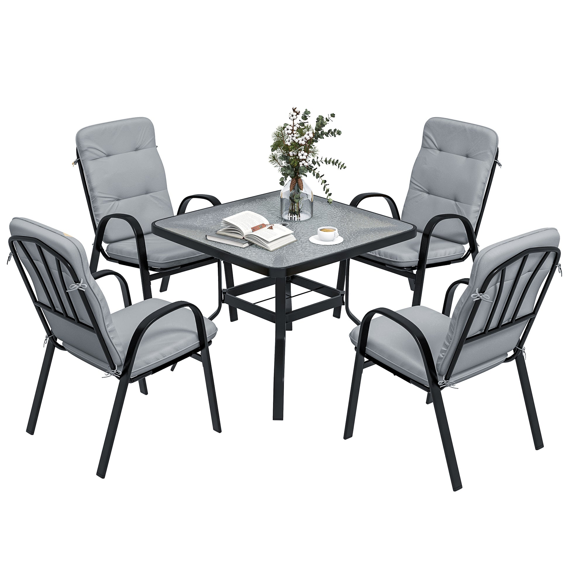 5 Pieces Outdoor Square Garden Dining Set w/ Tempered Glass Dining