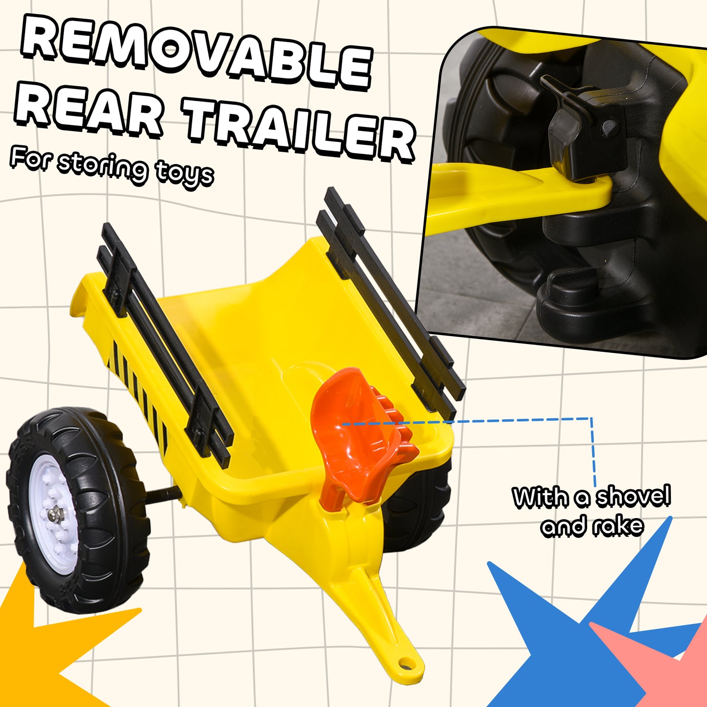 Kids Ride on Tractor with Back Trailer, Shovel & Rake, Horn
