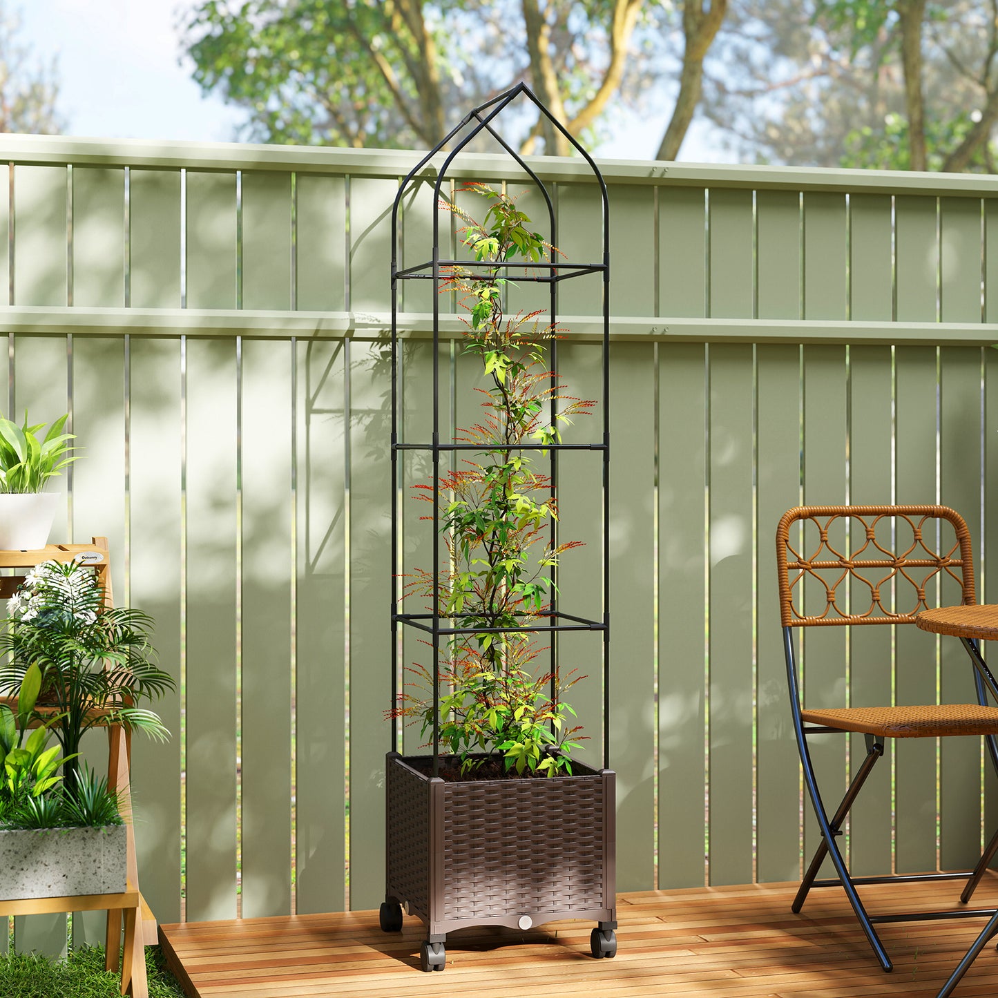 Raised Garden Bed with Trellis, Tomato Cage with Lockable Wheels
