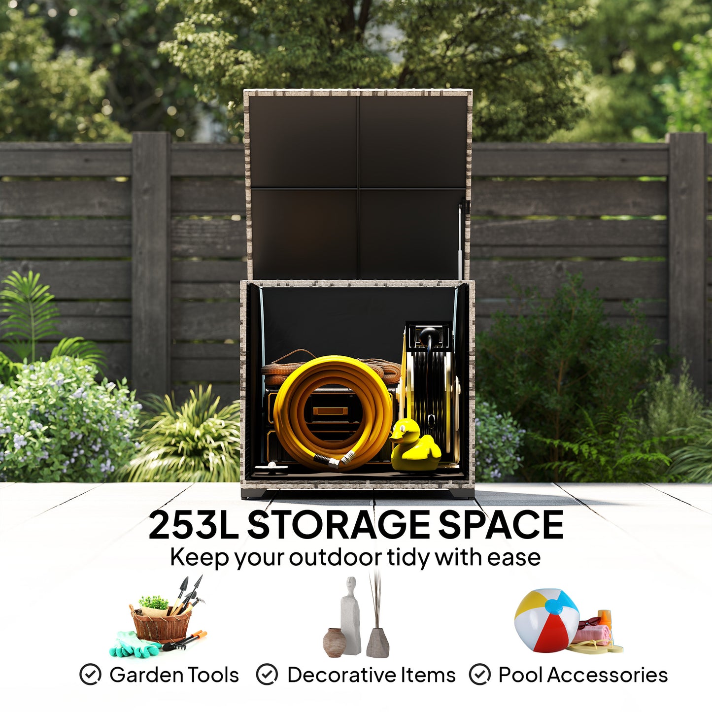 253L Garden Storage Box, Rattan Deck Box with Zipped Liner