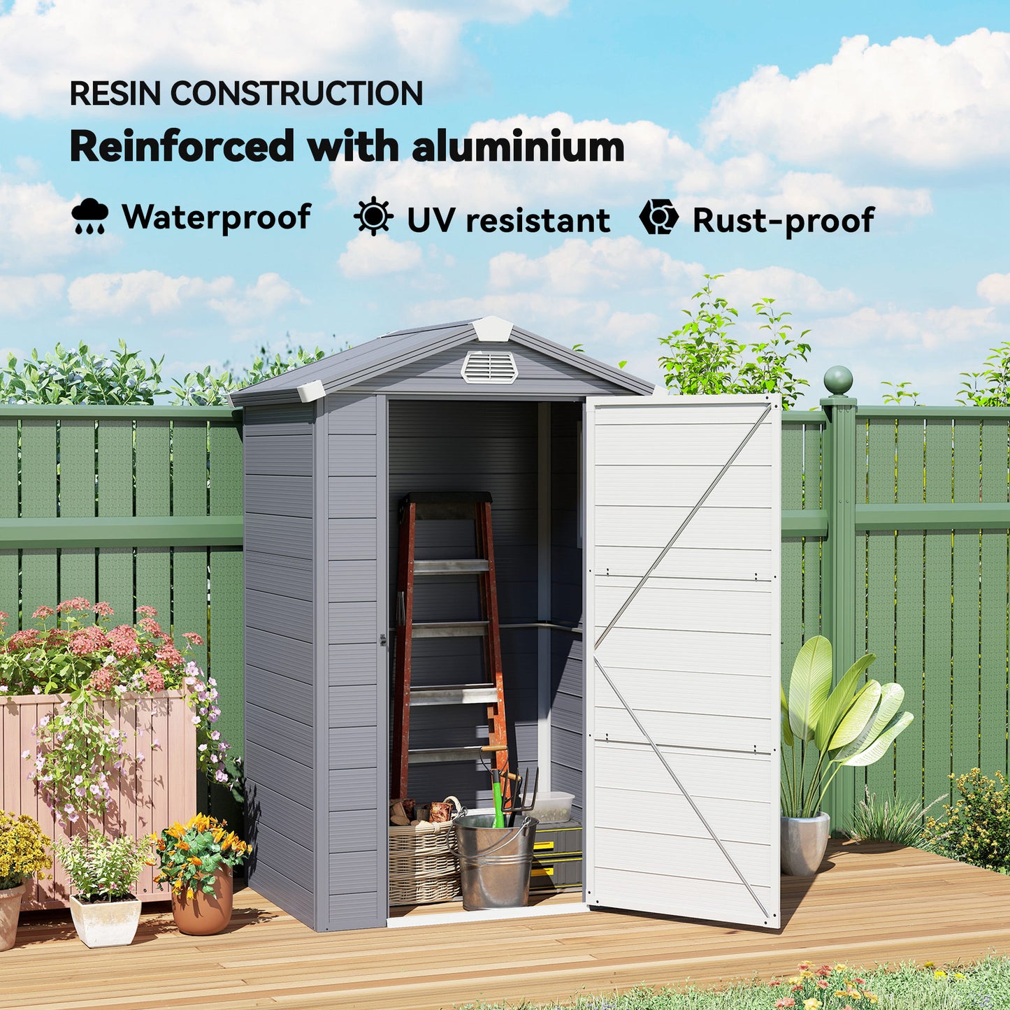 4.4ft x 3.3ft size Aluminium Frame and Plastic Wall Shed
