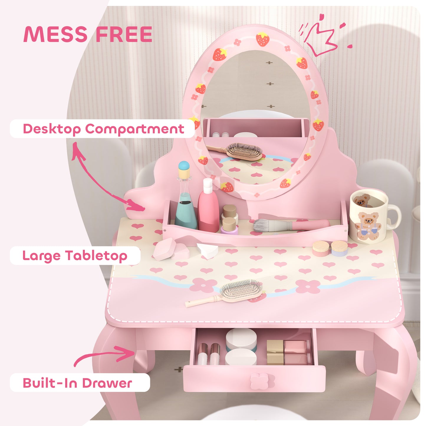 Kids Dressing Table Set, Vanity Table with Stool, Mirror, Drawer (1)