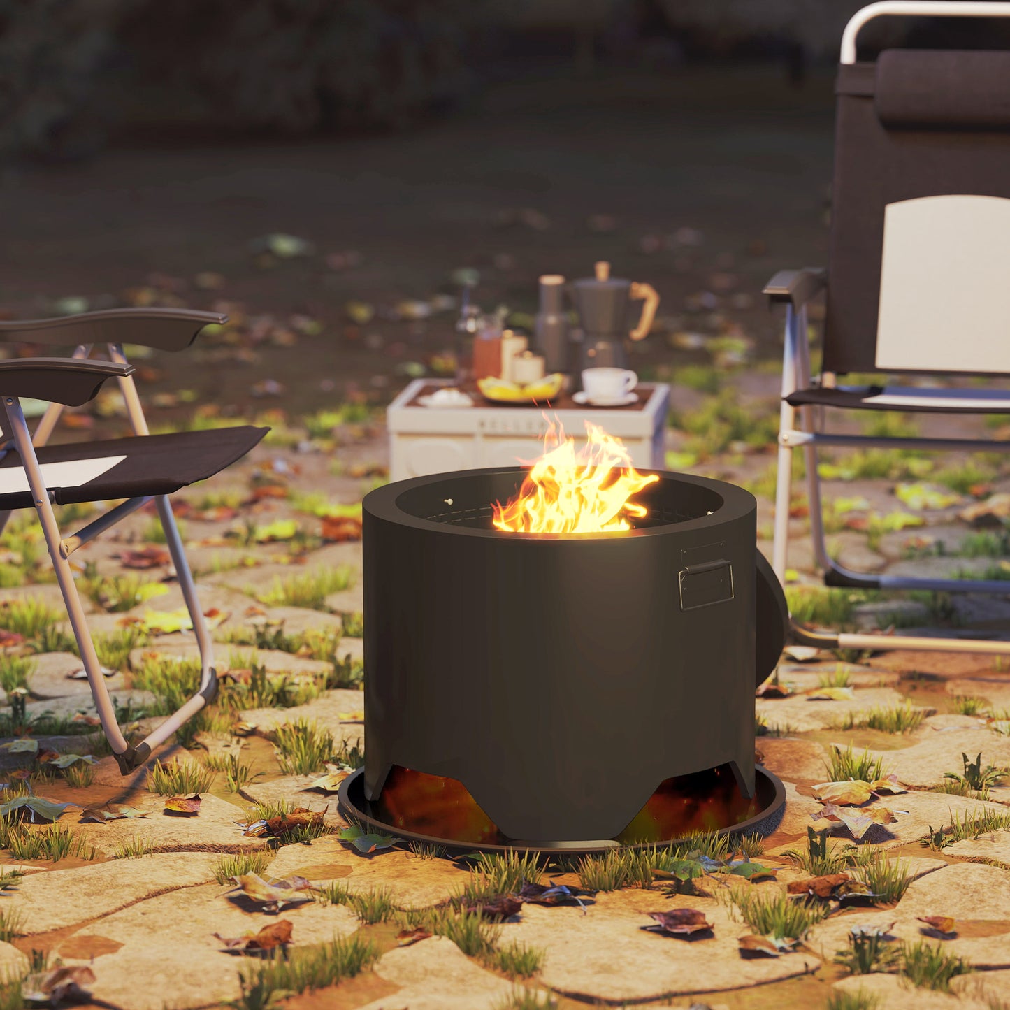 Outdoor Round Fire Pit with Lid and Fire Poker