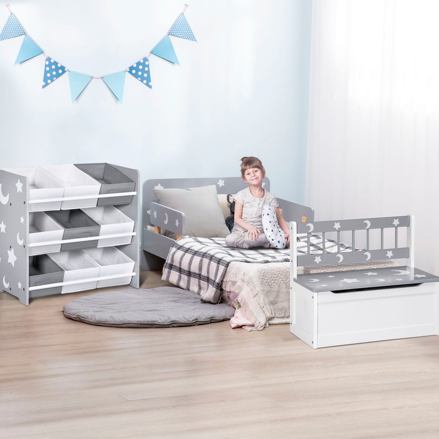 3PCs Kids Furniture Bedroom Set with Bed, Toy Box Bench