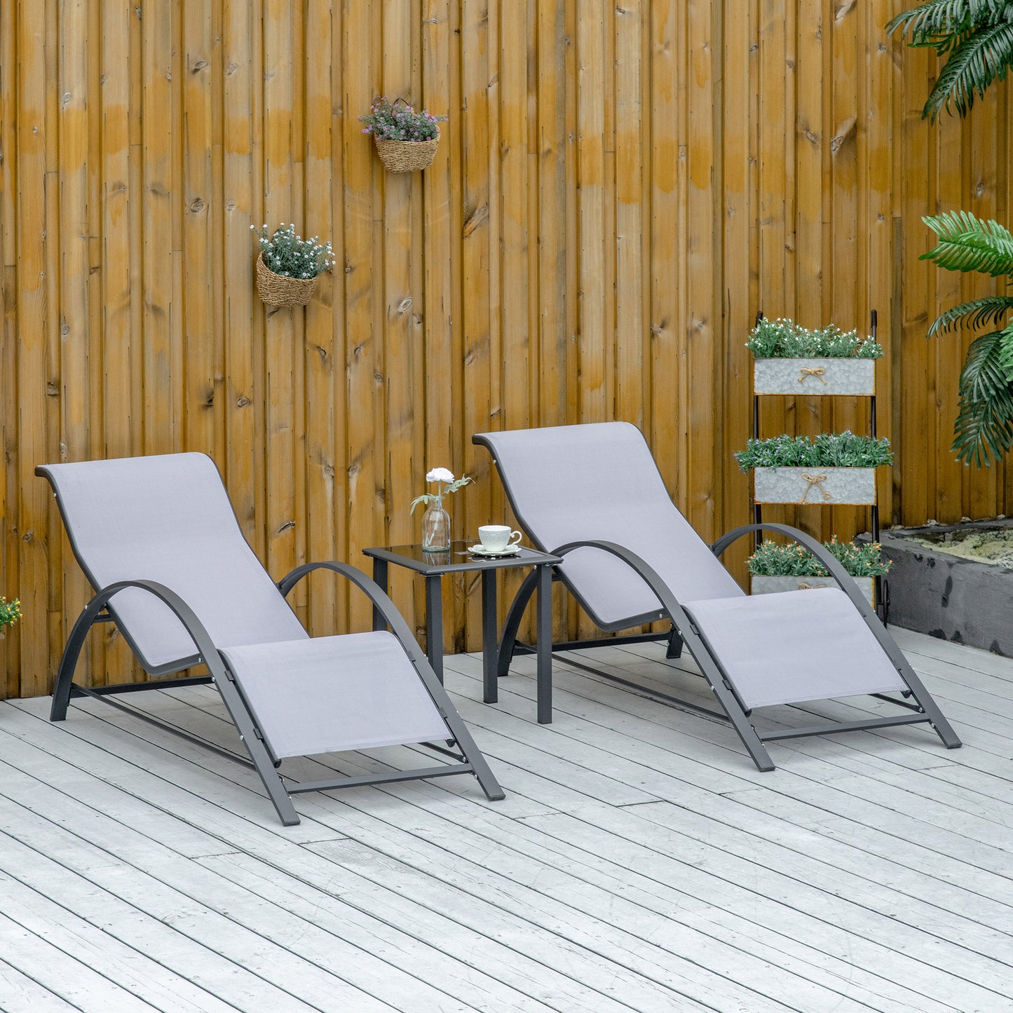 3 Pieces Lounge Chair Set Metal Frame Garden Outdoor Recliner
