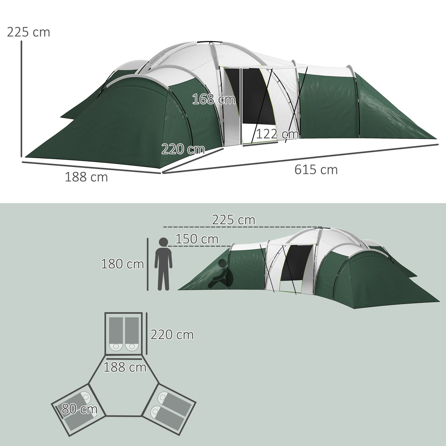 6-9 Man Tent with Bedrooms and Living Room, Accessories Included