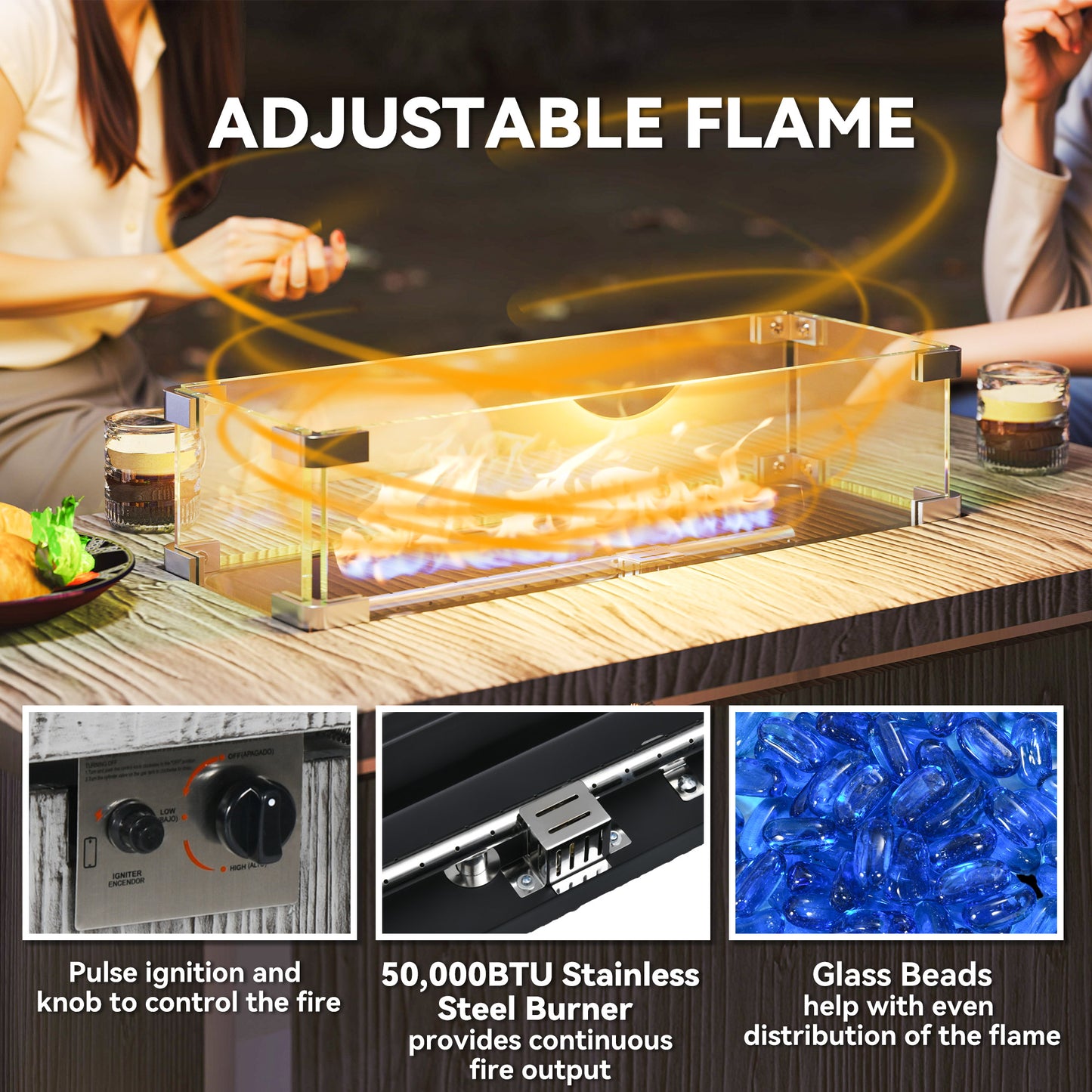 50,000 BTU Gas Fire Pit Table with Cover and Glass Screen