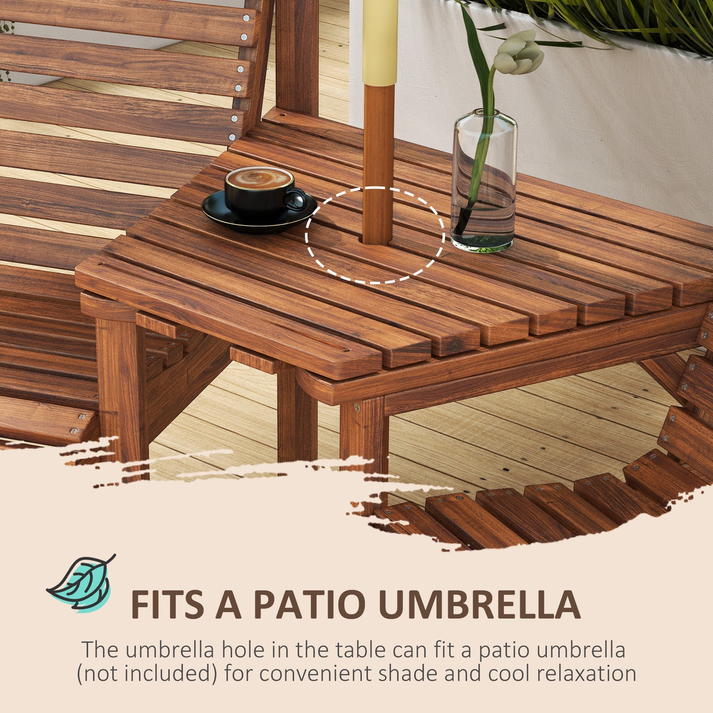 Wooden Garden Love Seat w/ Coffee Table Umbrella Hole, Tan