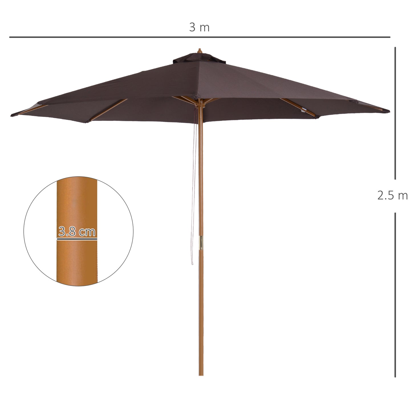 3(m) Garden Parasol, Pulley Operated Patio Umbrella, Wooden Parasol