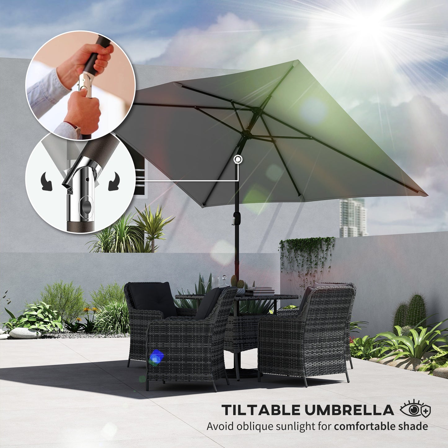 Garden Parasol, Parasol Umbrella with Crank Handle, Tilt Function