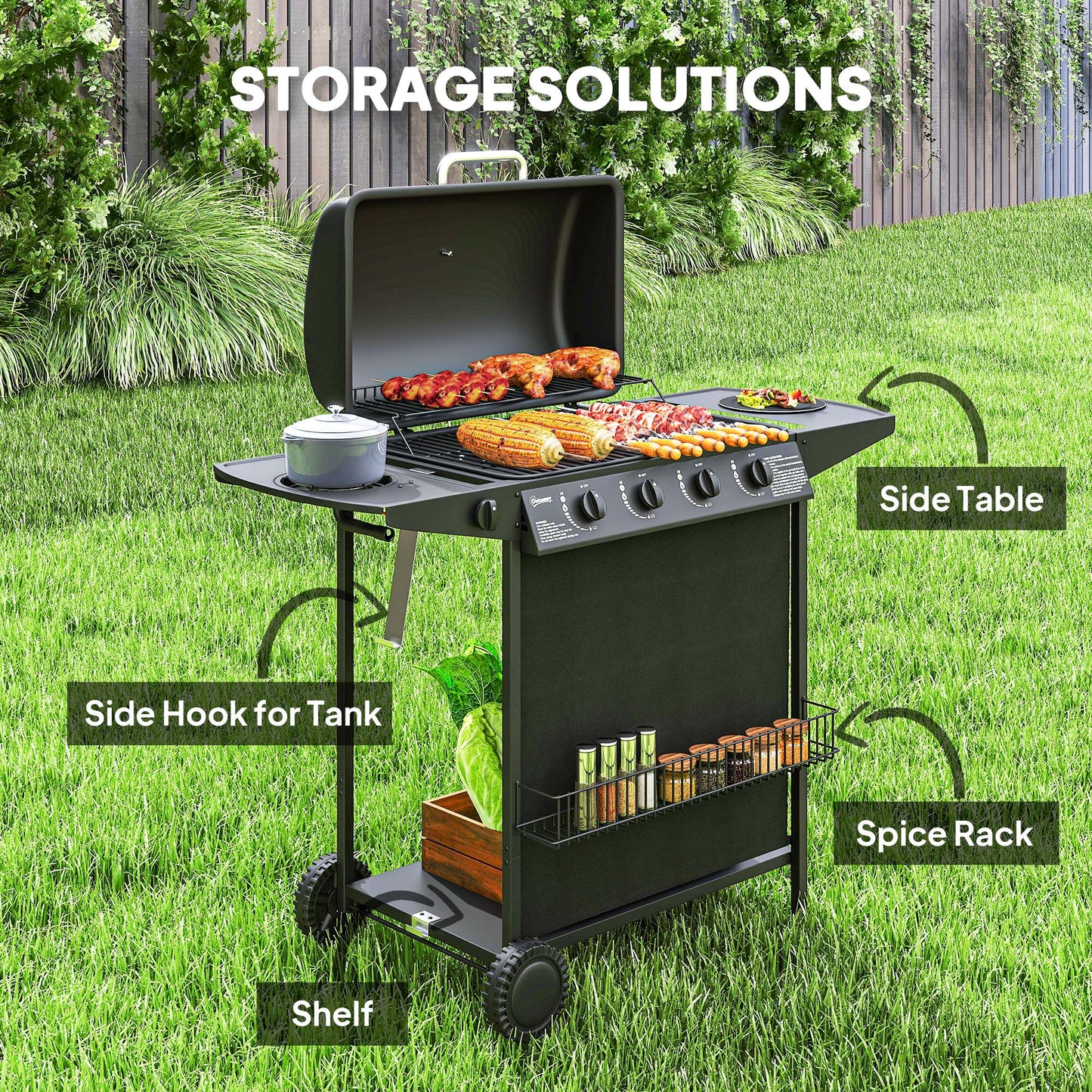 4+1 Burner Gas BBQ Grill, Portable Gas Barbecue Grill
