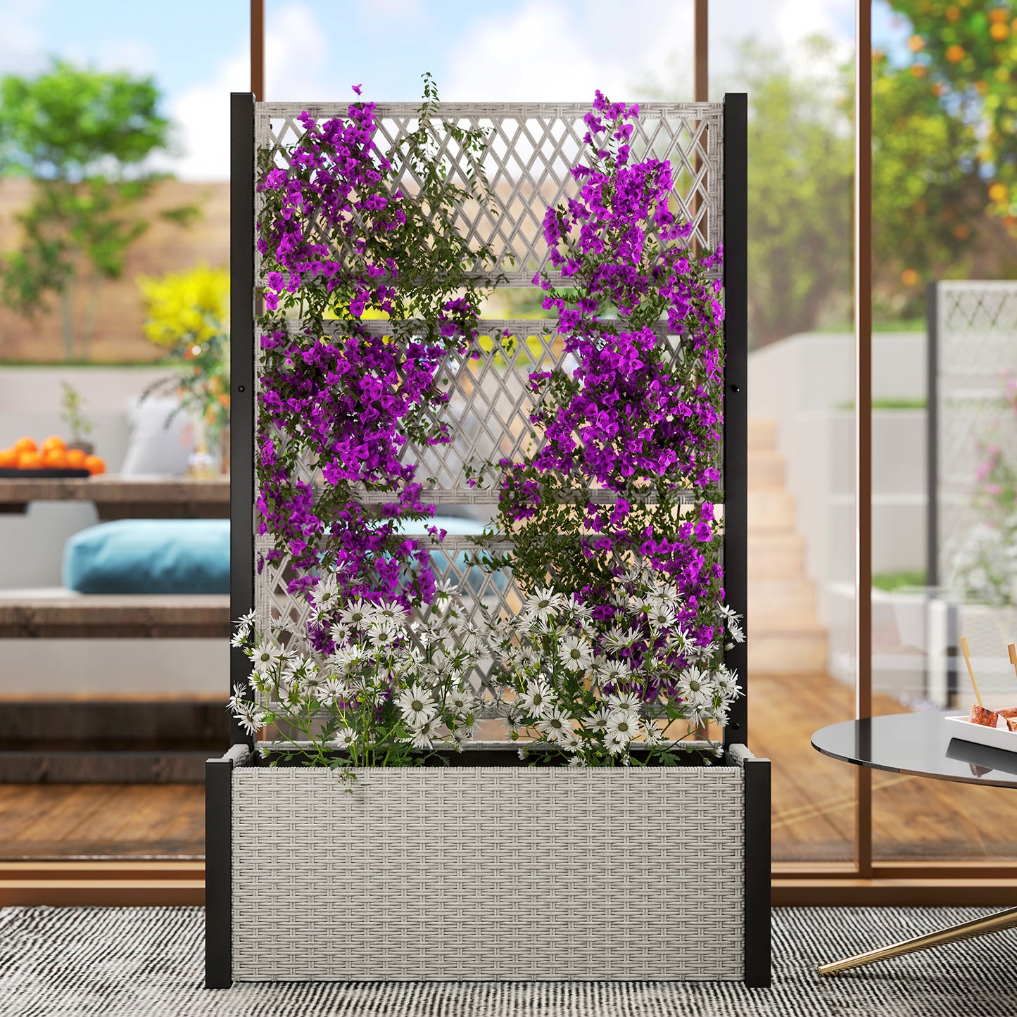 Garden Planter Box with Trellis, Liner for Climbing Plants