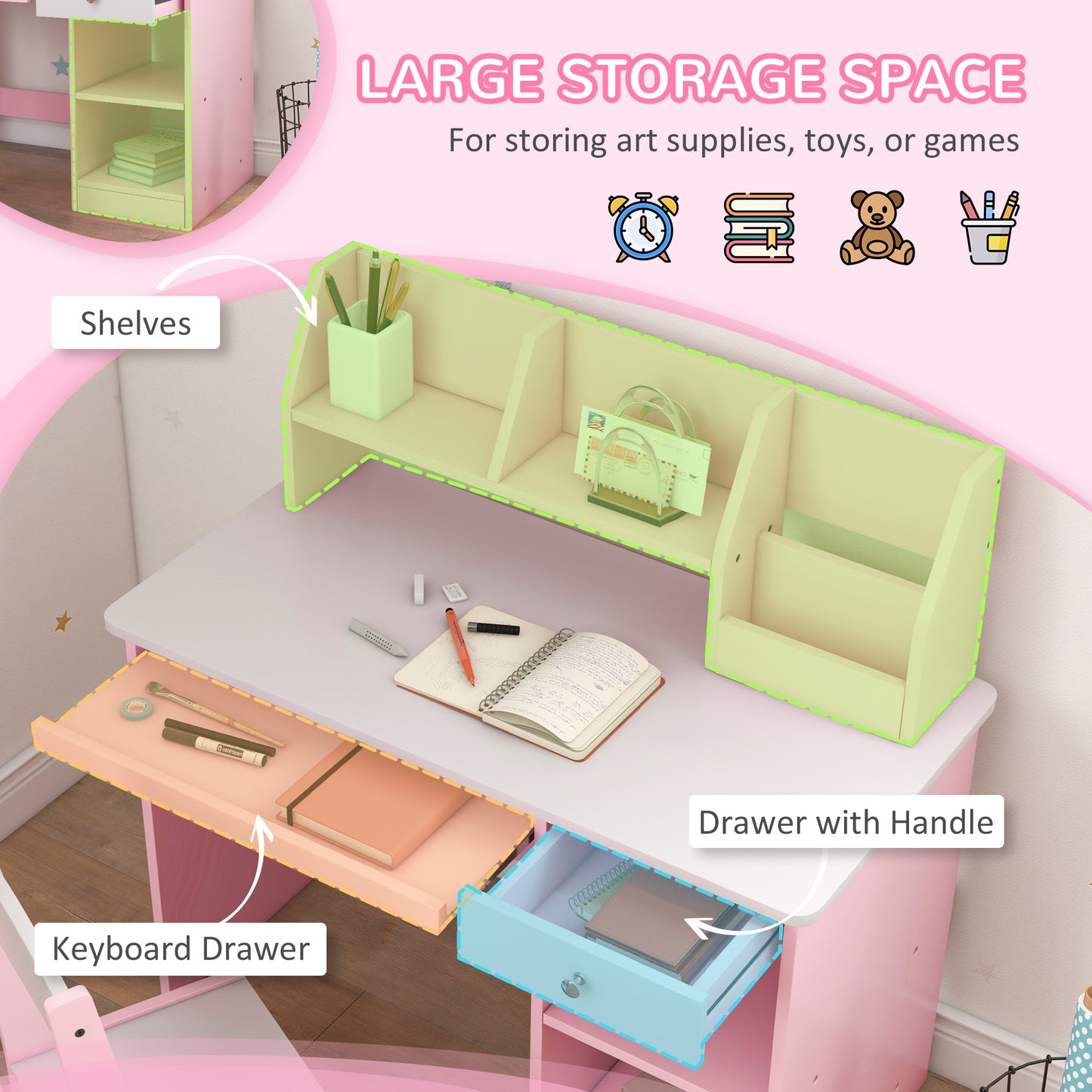 Two-Piece Kids Desk and Chair Set with Storage, for Ages 5-8 Years