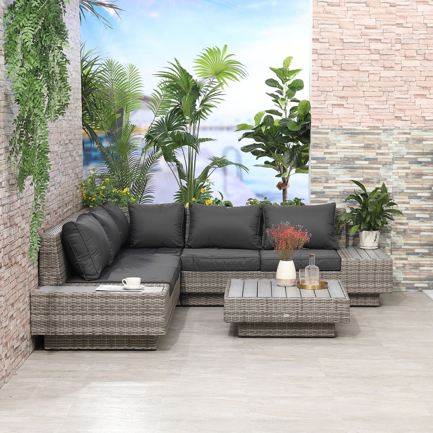 4 PCs Rattan Garden Furniture Outdoor Sectional Corner Sofa