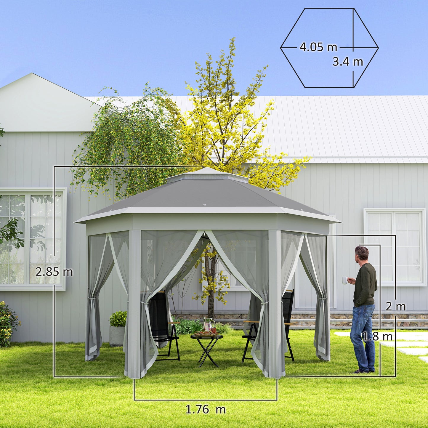 3 x 4m Garden Gazebo Hexagon Pop Up Gazebo Party Tent Canopy Double