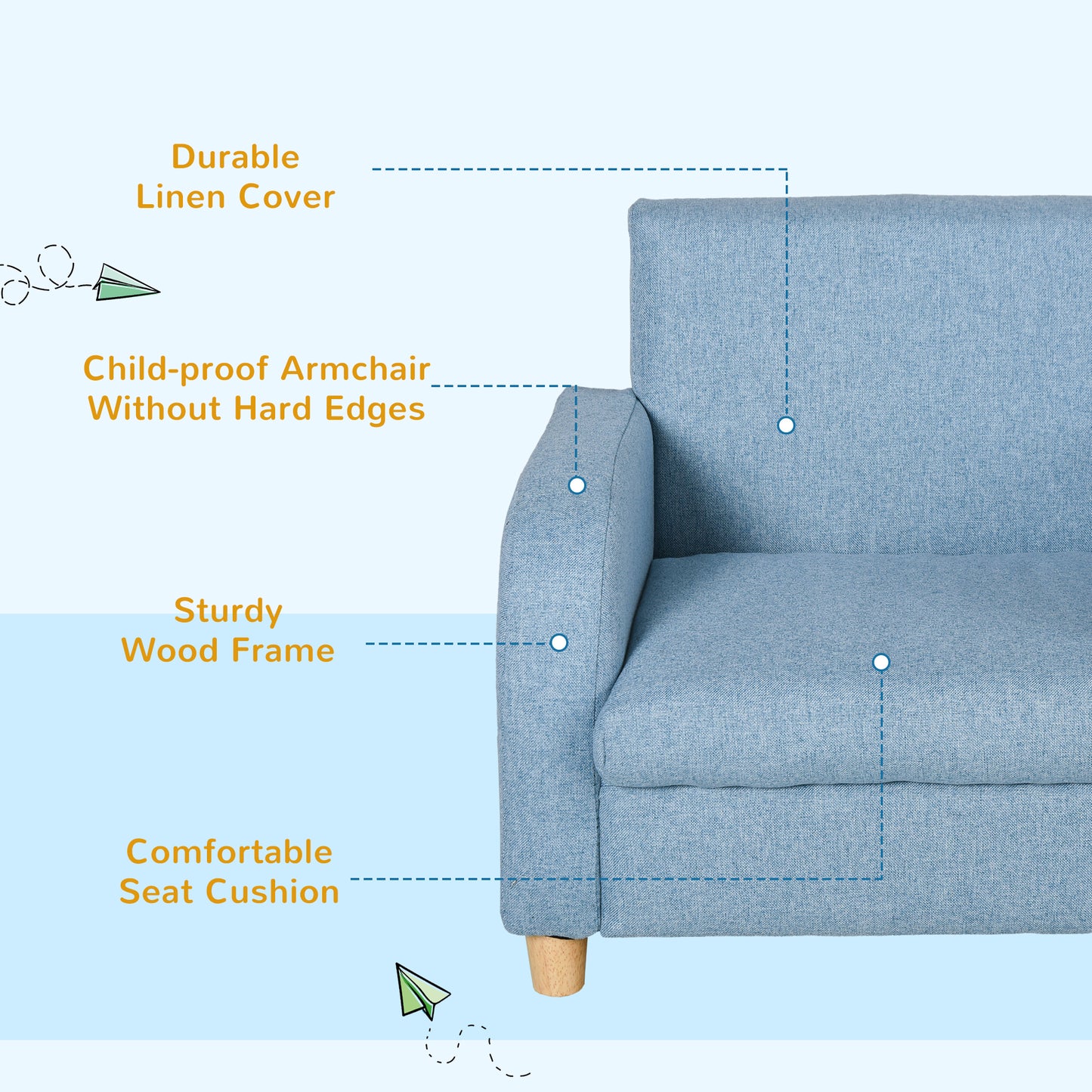 Children's Armchairs Toddler Chair Wood Frame Anti-Slip Legs High