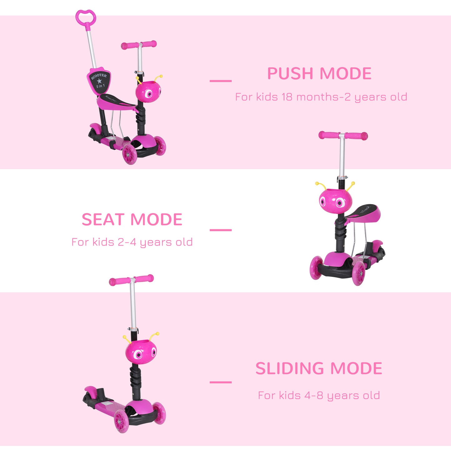 Adjustable Kids Toddler Scooter, with Removable Seat, Back Handle