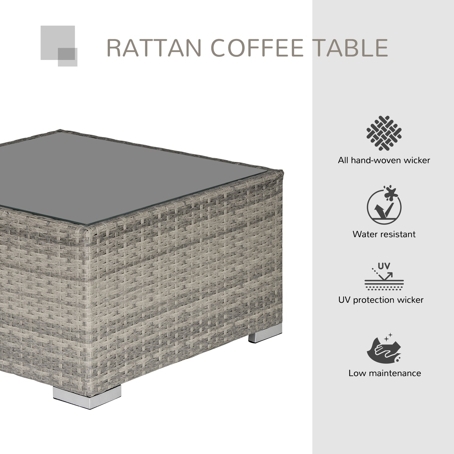 Square PE Wicker Rattan Table, with Glass Top