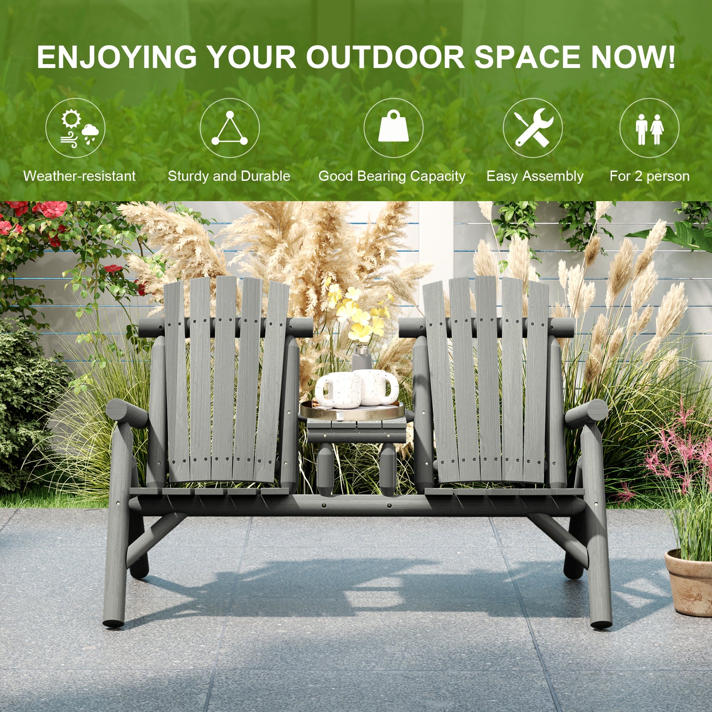 Wood Patio Chair Bench 2 Seats w/ Centre Coffee Table, Garden Bench