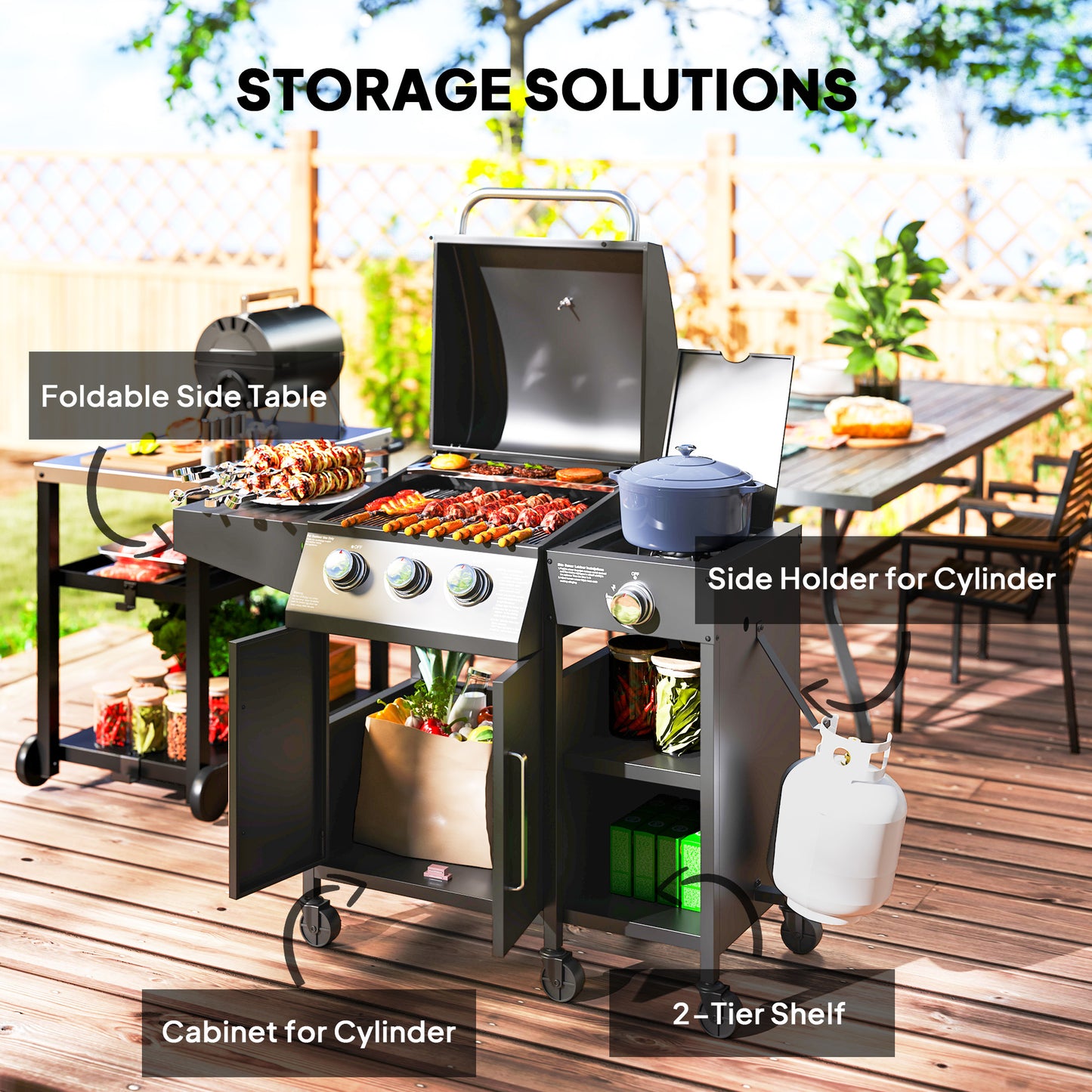 3+1 Burner Gas BBQ Grill with Storage Cabinet and Shelves